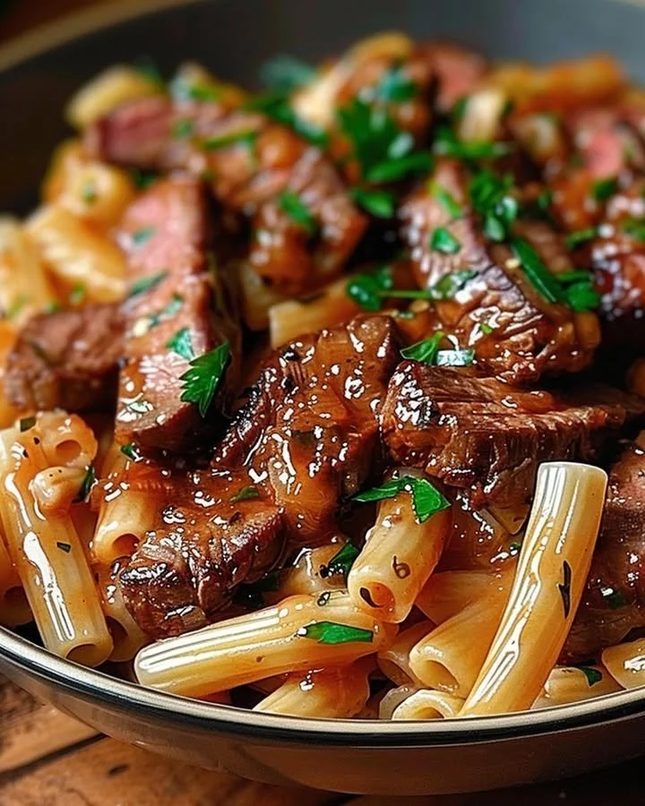 Spicy Honey BBQ Steak Pasta dish in a skillet