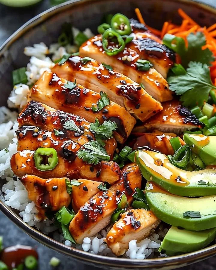 Spicy Honey Ginger Chicken Bowls with vibrant vegetables and aromatic herbs.
