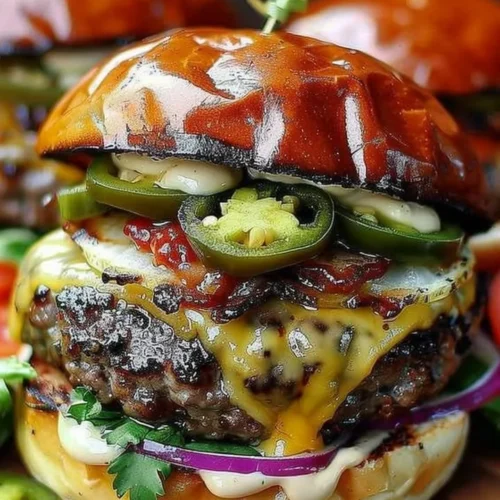 Spicy Jalapeño and Pepper Jack Burger with fresh ingredients and toppings
