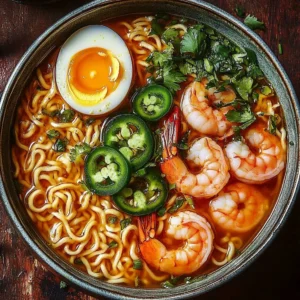 Spicy Jalapeño Cheddar Sausage and Shrimp Ramen in a bowl garnished with herbs