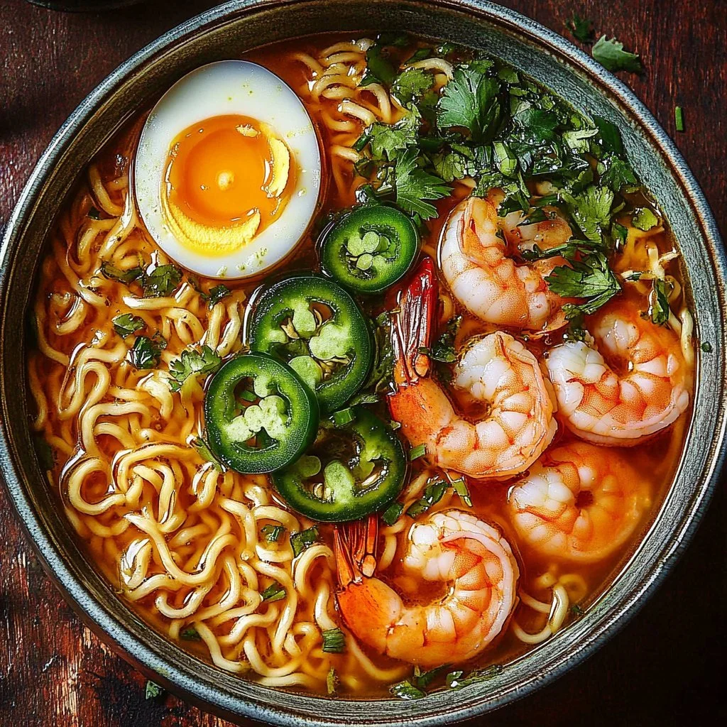 Spicy Jalapeño Cheddar Sausage and Shrimp Ramen in a bowl garnished with herbs