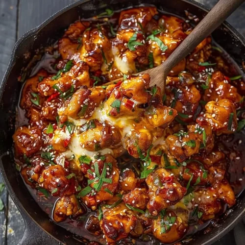 Plate of spicy Korean chicken topped with melted cheese and garnished