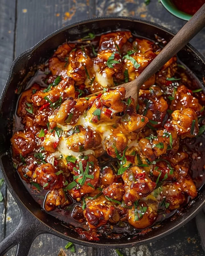 Plate of spicy Korean chicken topped with melted cheese and garnished