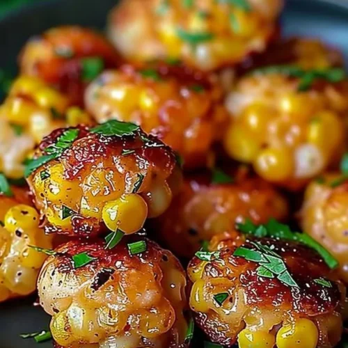 Delicious Spicy Mexican Corn Bites served on a plate with fresh herbs.