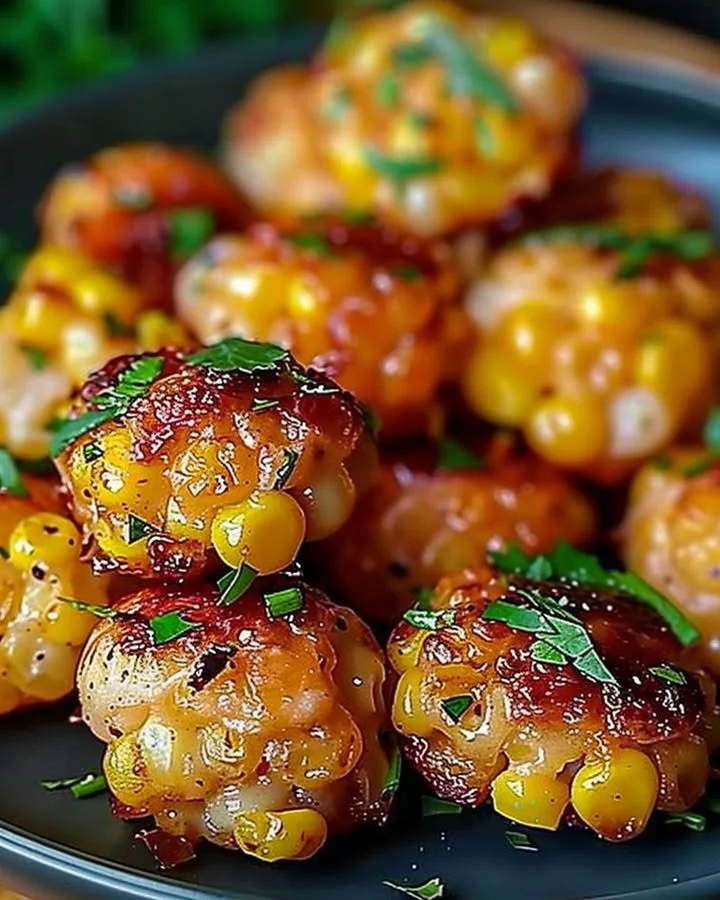 Delicious Spicy Mexican Corn Bites served on a plate with fresh herbs.