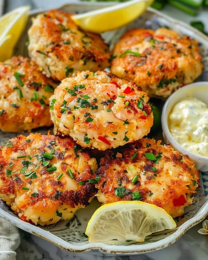 Spicy shrimp cakes served with a zesty chili-lime dip on a plate