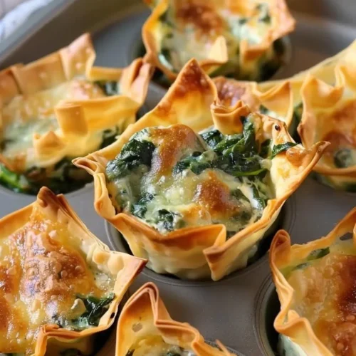 Delicious spinach and artichoke wonton cups served as appetizers.