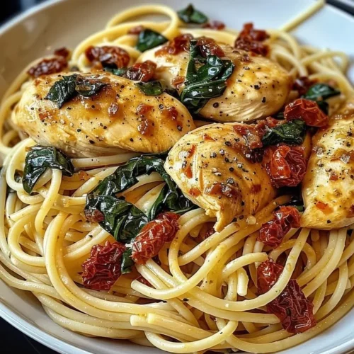 Spinach and sun-dried tomato chicken pasta served in a bowl