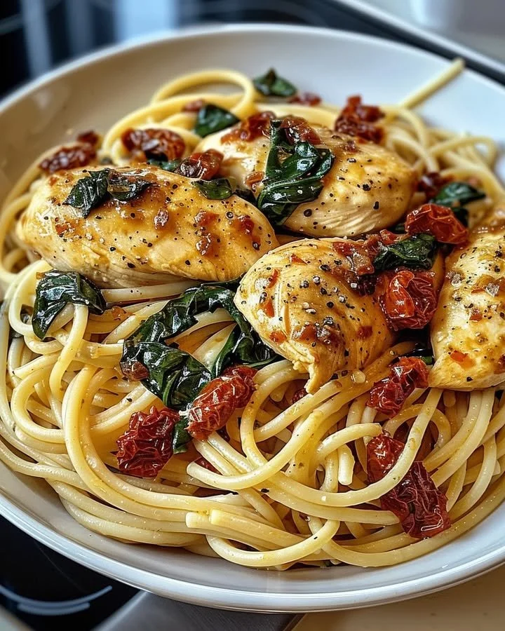 Spinach and sun-dried tomato chicken pasta served in a bowl