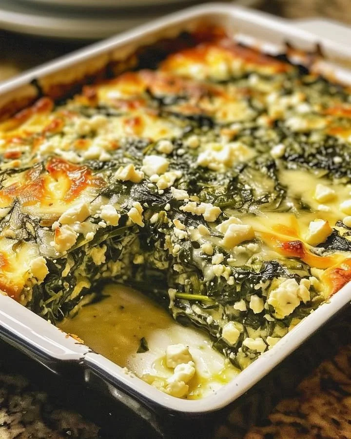 Delicious spinach casserole baked with feta cheese and herbs