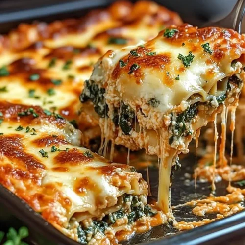 Delicious Spinach Lasagna with Ricotta and three types of cheese ready to be served.
