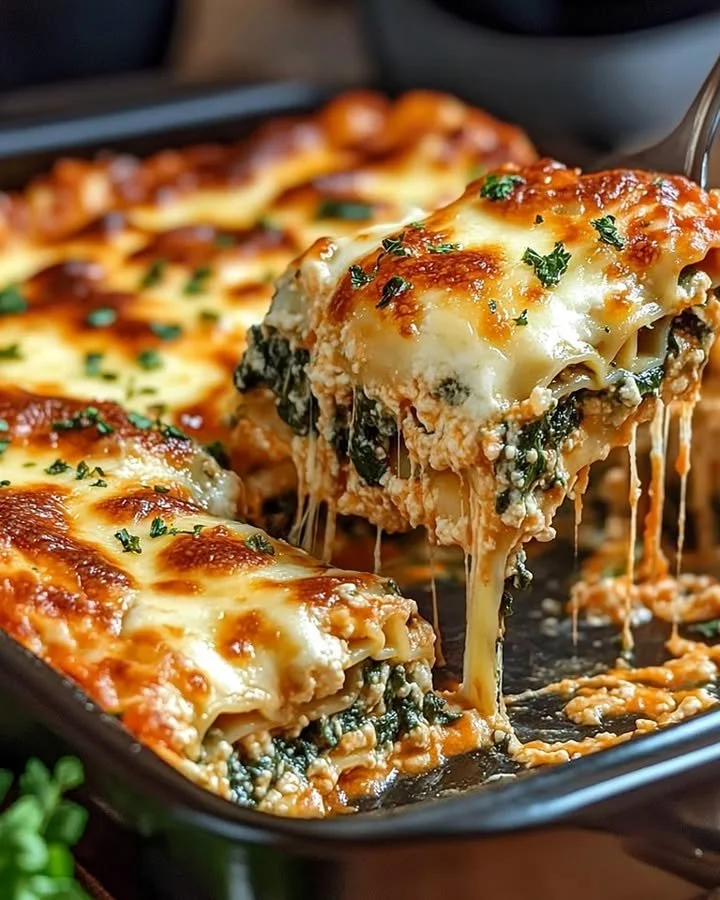 Delicious Spinach Lasagna with Ricotta and three types of cheese ready to be served.