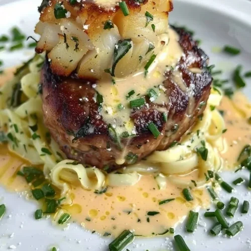 Steak and crab cake topped with creamy lemon-garlic sauce on a plate.