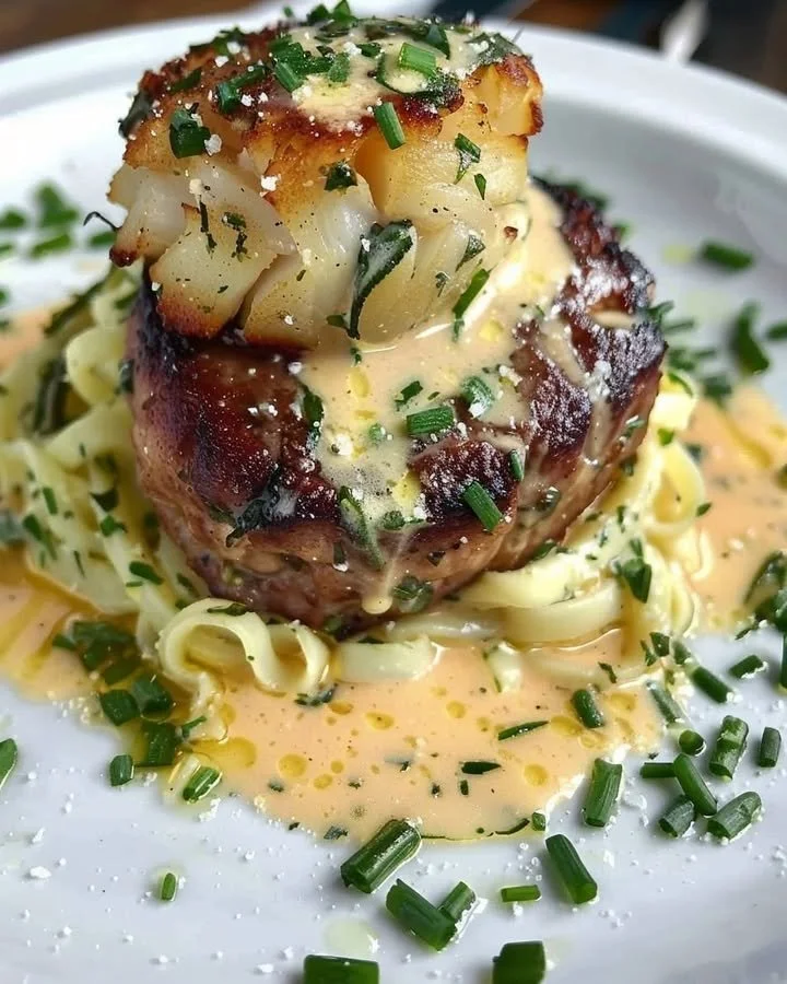Steak and crab cake topped with creamy lemon-garlic sauce on a plate.