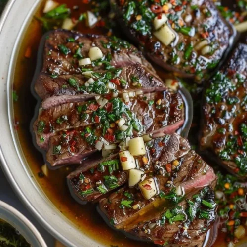Delicious steak dipping sauce in a bowl with fresh herbs and seasoning.