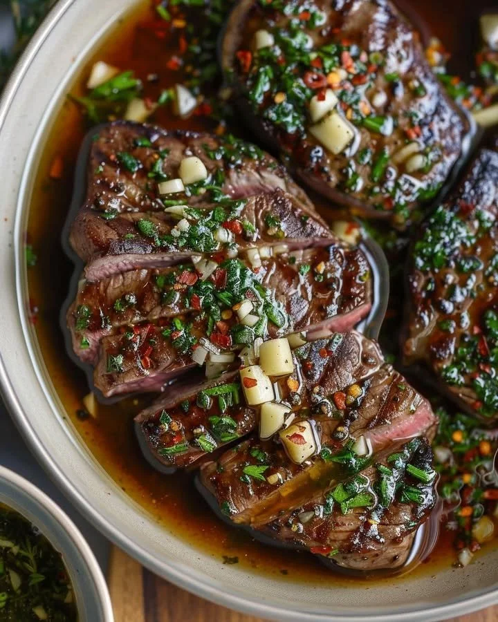 Delicious steak dipping sauce in a bowl with fresh herbs and seasoning.