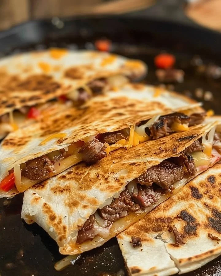 Delicious steak fajita quesadillas filled with beef, peppers, and cheese