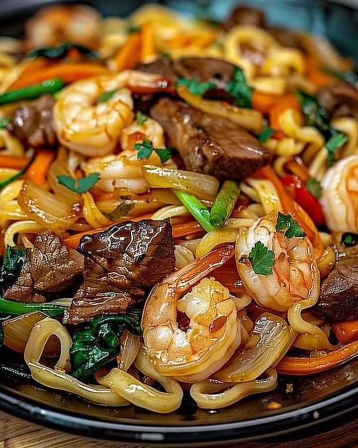 Delicious Steak Shrimp Noodles in a stir-fried dish with vibrant vegetables