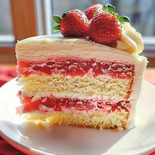 Strawberries and Cream Cheesecake Cake topped with fresh strawberries and whipped cream