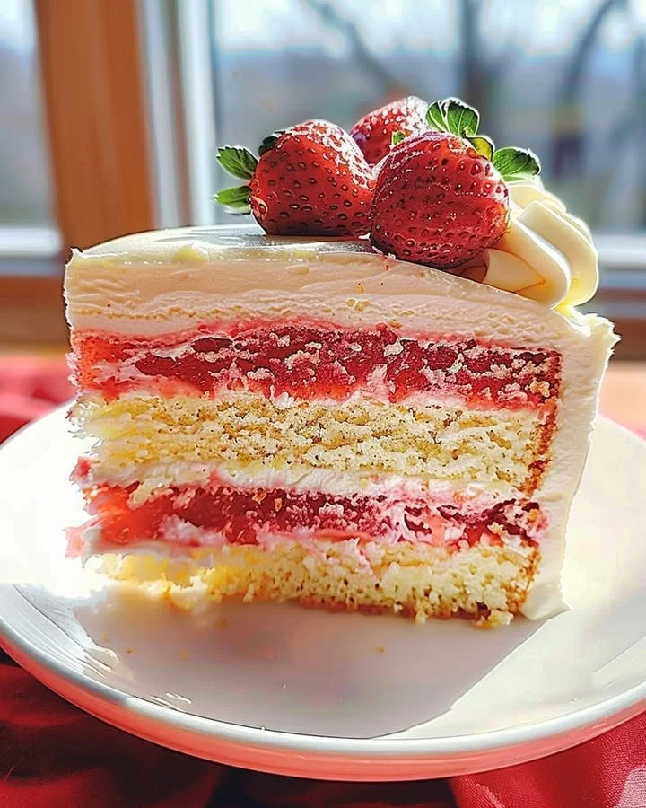 Strawberries and Cream Cheesecake Cake topped with fresh strawberries and whipped cream