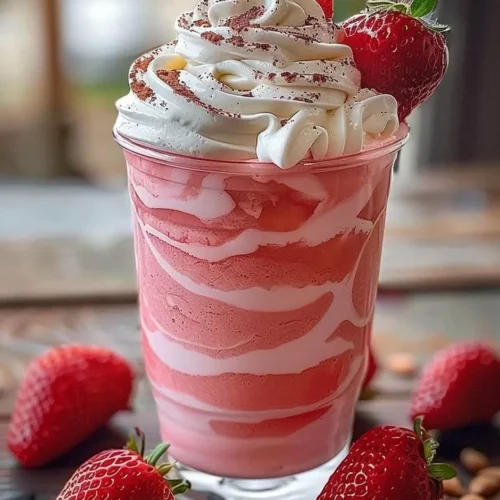 A refreshing Strawberries & Cream Frappuccino topped with whipped cream and strawberries.