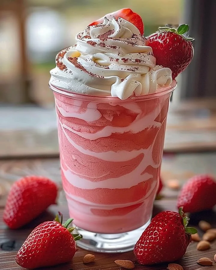 A refreshing Strawberries & Cream Frappuccino topped with whipped cream and strawberries.