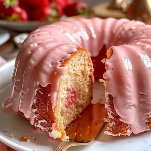 A slice of strawberry buttermilk pound cake topped with fresh strawberries