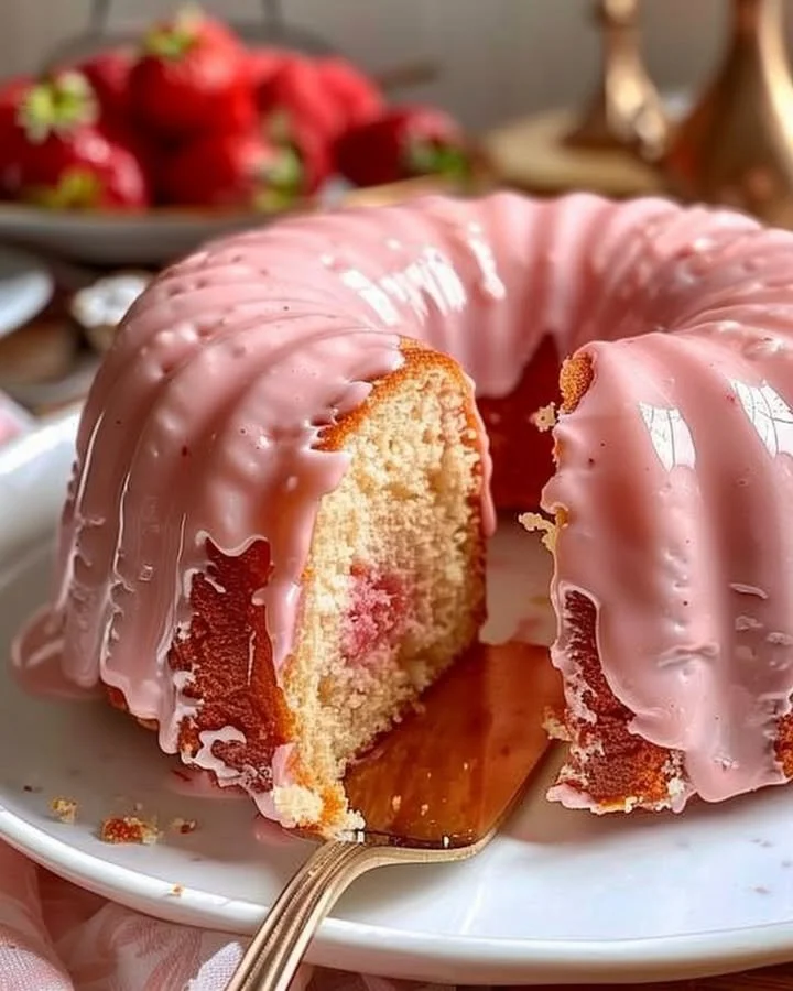 A slice of strawberry buttermilk pound cake topped with fresh strawberries