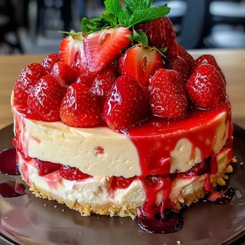 Slice of strawberry cheesecake topped with fresh strawberries