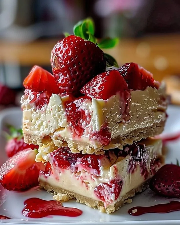Delicious strawberry cheesecake bar topped with fresh strawberries