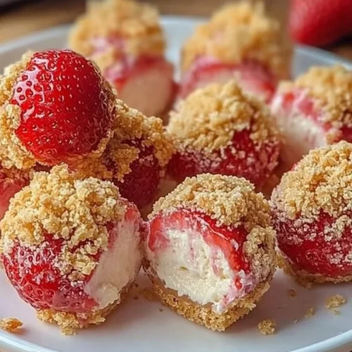 Delicious strawberry cheesecake crunch bites on a plate