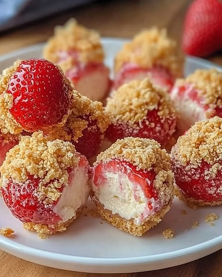 Delicious strawberry cheesecake crunch bites on a plate