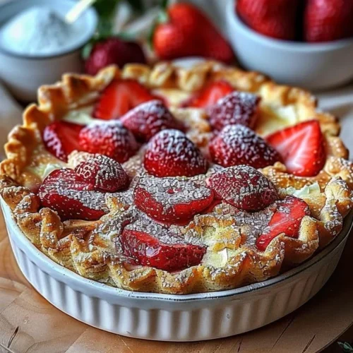 Delicious Strawberry Cheesecake Dump Cake topped with fresh strawberries