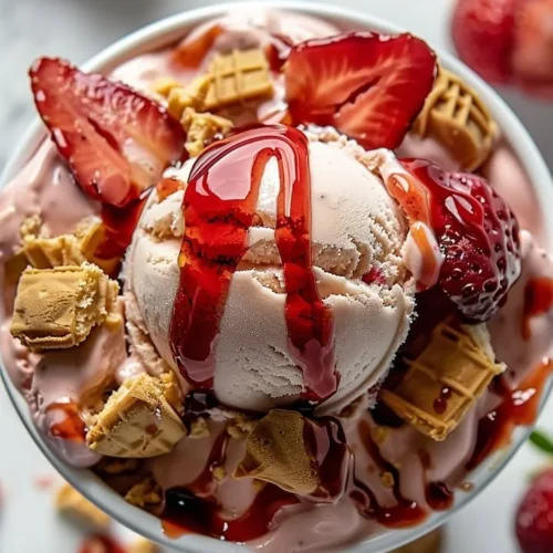 Delicious strawberry cheesecake ice cream in a bowl topped with fresh strawberries