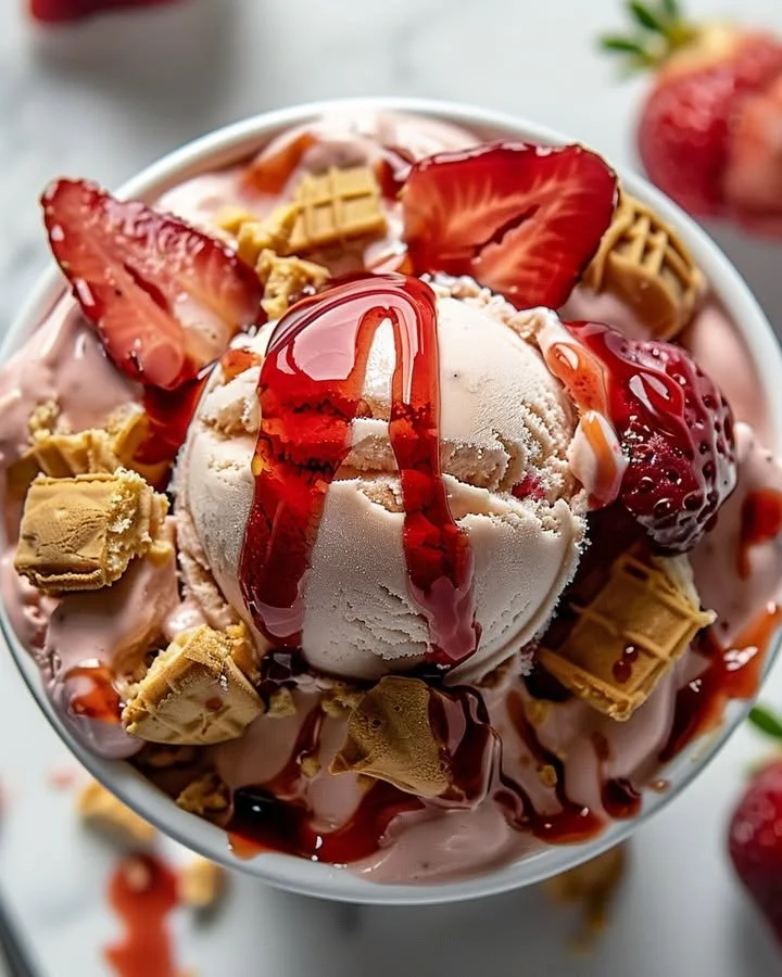 Delicious strawberry cheesecake ice cream in a bowl topped with fresh strawberries