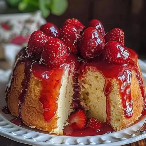 Delicious strawberry cheesecake pound cake topped with fresh strawberries
