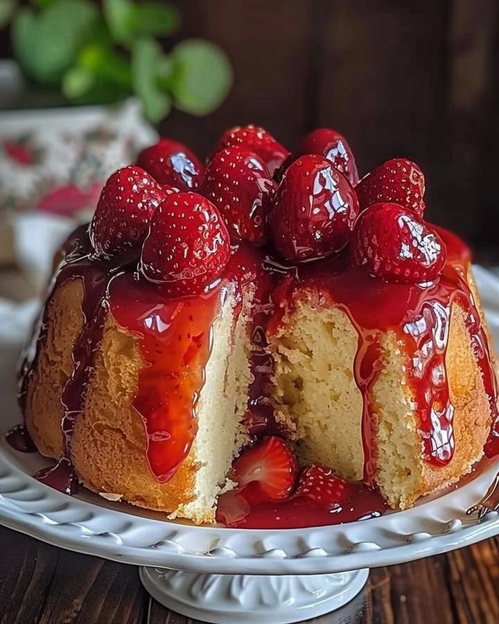 Delicious strawberry cheesecake pound cake topped with fresh strawberries