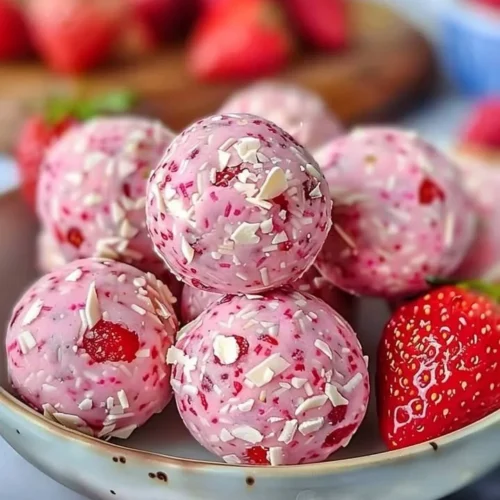 Homemade strawberry cheesecake protein balls on a wooden plate.