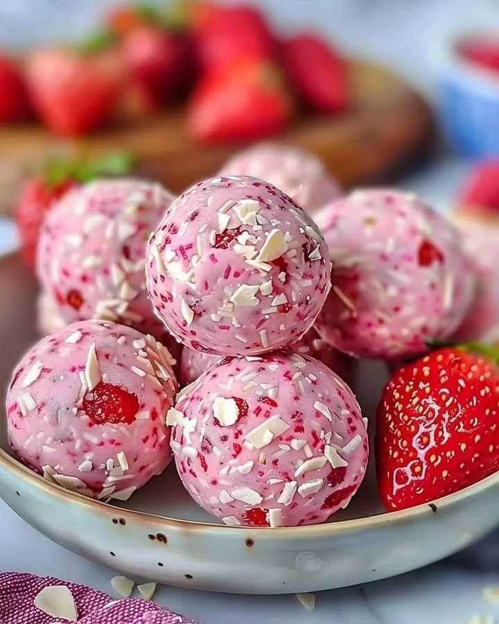 Homemade strawberry cheesecake protein balls on a wooden plate.
