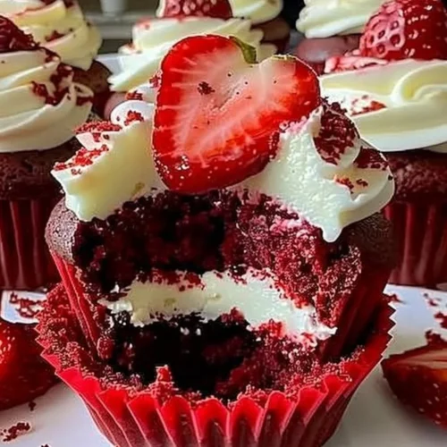 Strawberry cheesecake red velvet cupcakes topped with fresh strawberries and cream cheese frosting