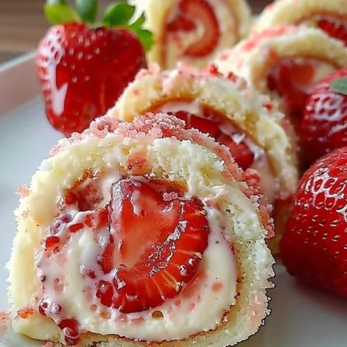 Delicious Strawberry Cheesecake Rolls on a platter with fresh strawberries
