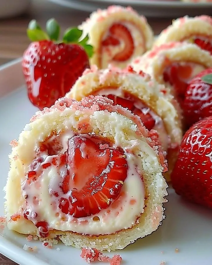 Delicious Strawberry Cheesecake Rolls on a platter with fresh strawberries