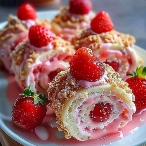 Freshly baked strawberry cheesecake sweet rolls with cream cheese filling.