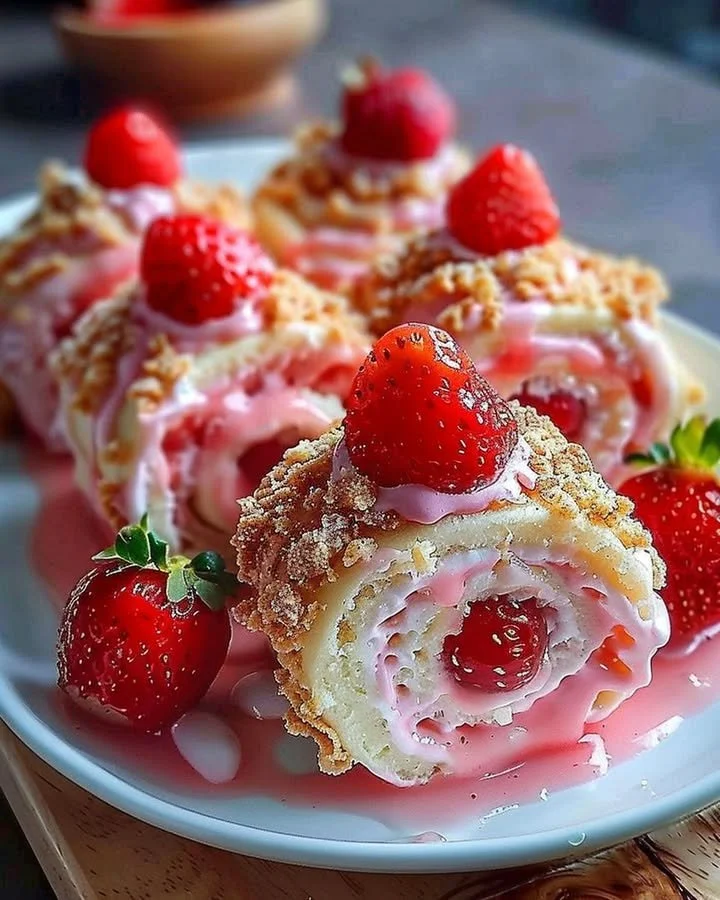 Freshly baked strawberry cheesecake sweet rolls with cream cheese filling.