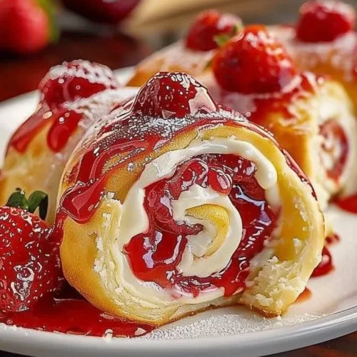 Delicious homemade strawberry cheesecake sweet rolls topped with fresh strawberries.