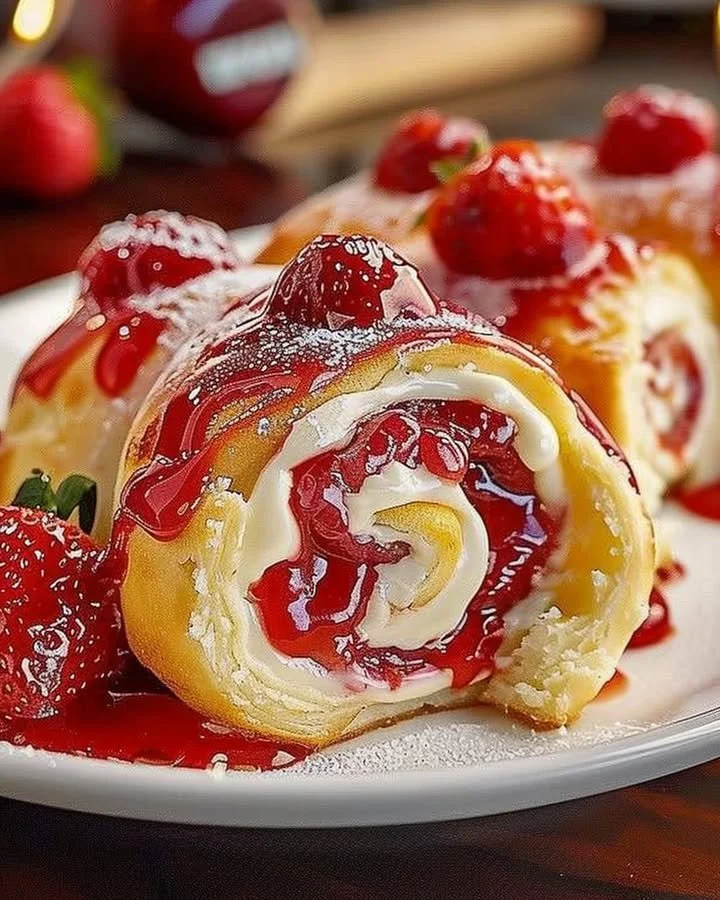 Delicious homemade strawberry cheesecake sweet rolls topped with fresh strawberries.