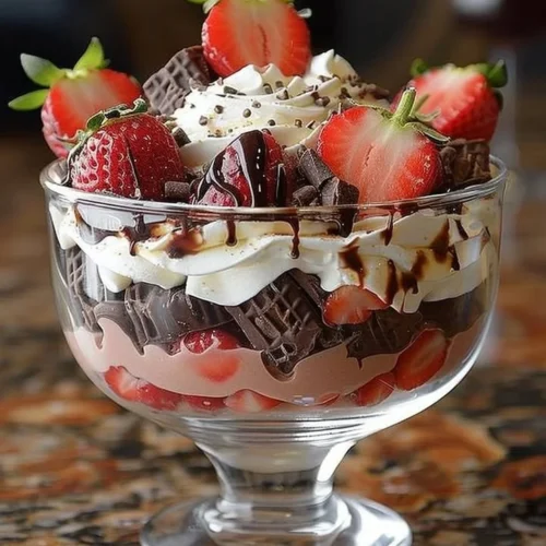 Delicious Strawberry Chocolate Trifle layered with strawberries and chocolate cream