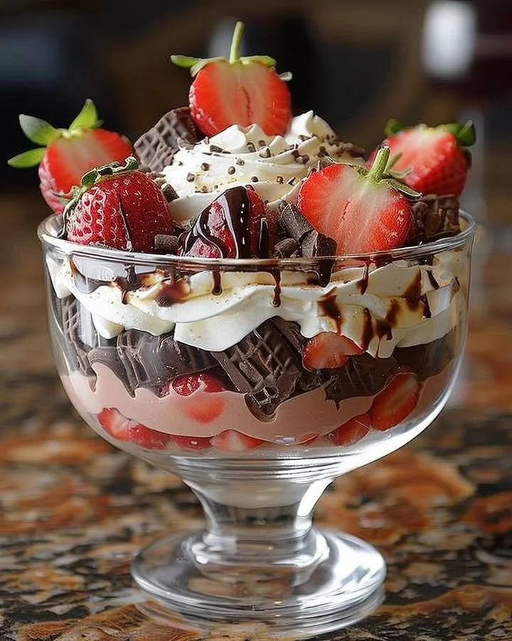 Delicious Strawberry Chocolate Trifle layered with strawberries and chocolate cream