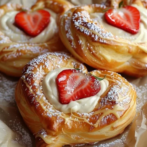Freshly baked Strawberry Cream Danish with strawberries and cream filling