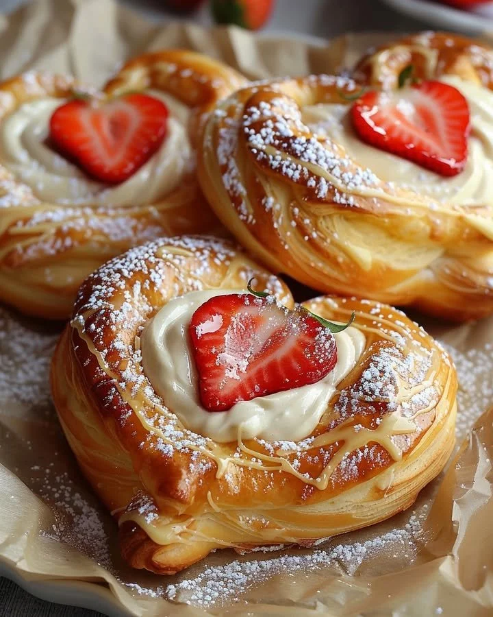 Freshly baked Strawberry Cream Danish with strawberries and cream filling